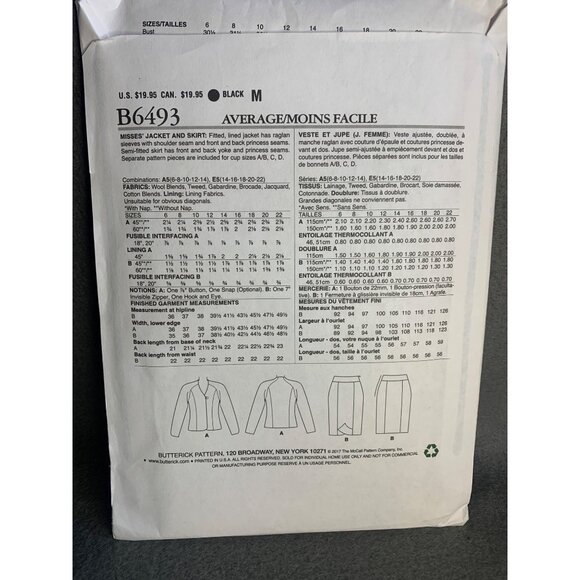 Butterick Misses Jacket Skirt Sewing Pattern sz 14-22 B6493 - uncut - Picture 5 of 6